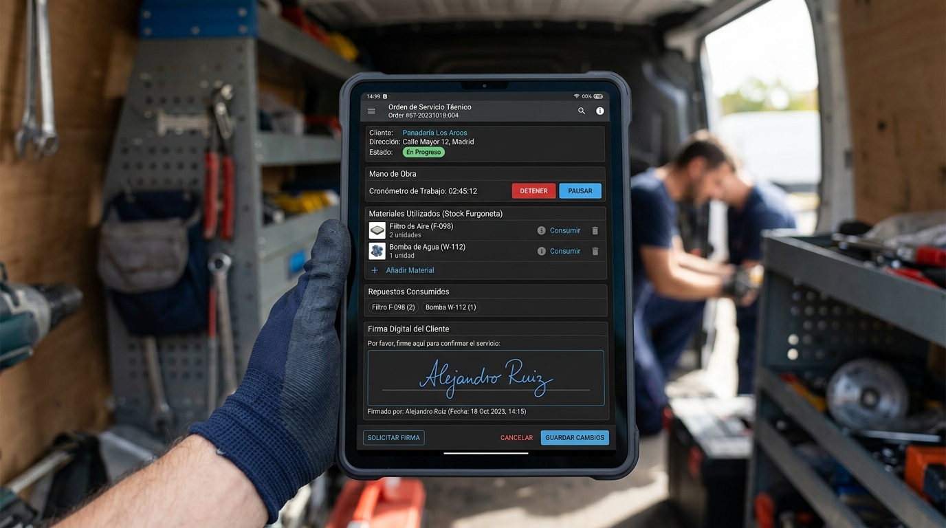 Aplicación móvil Odoo Field Service: registro de orden técnica, consumo de repuestos en furgoneta y firma digital del cliente