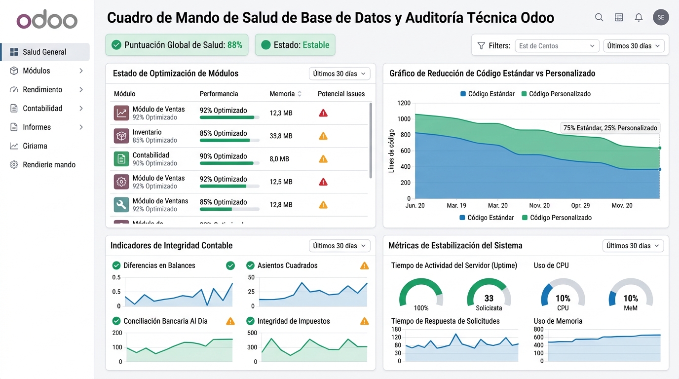 Cuadro de mando de salud de base de datos y auditoría técnica de Odoo Enterprise