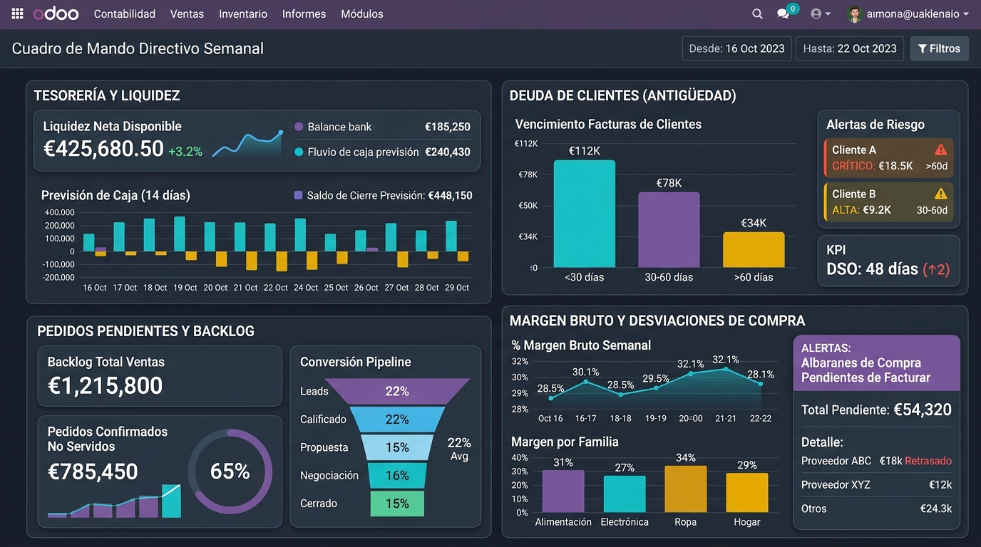 Cuadro de mando directivo en Odoo Enterprise con KPIs de tesorería, ventas y márgenes