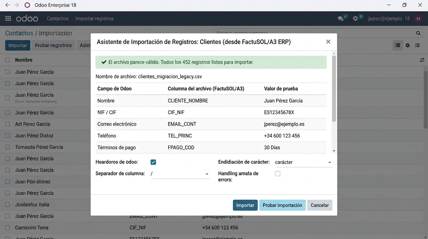 Asistente de importación y depuración de registros en Odoo Enterprise 18 en español